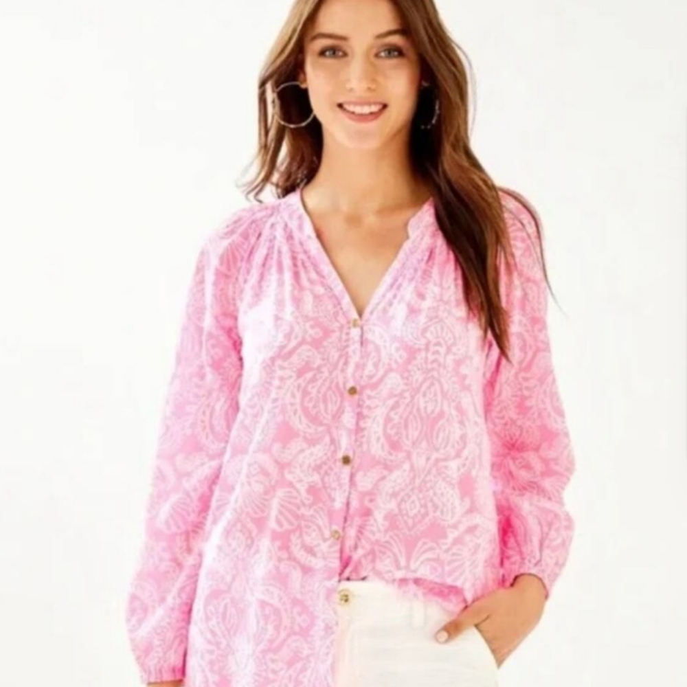 Lilly Pulitzer Vibrant Elsa Button-Down Top In Havana Pink Clawdia- Sz Large